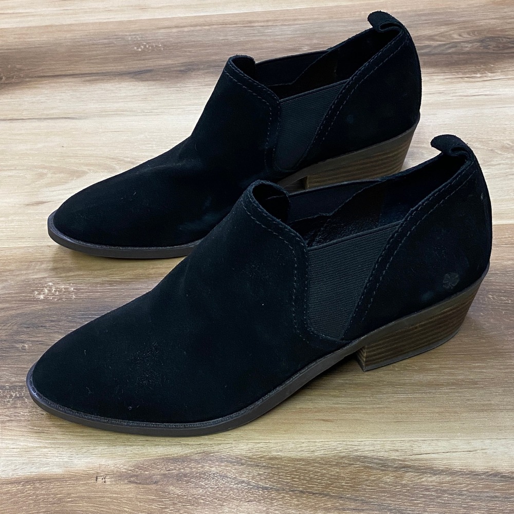 Lucky Brand Fallow Ankle Boots Size 10 Suede Slip On Block Heel Black Booties